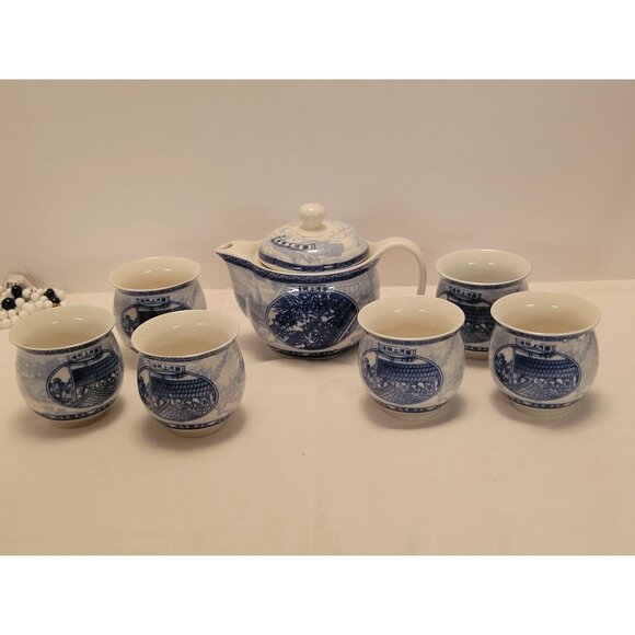 Elegant Blue & White Porcelain Tea Set 1 Teapot & 6 Cups Chinese Design Gift Box - Picture 2 of 13